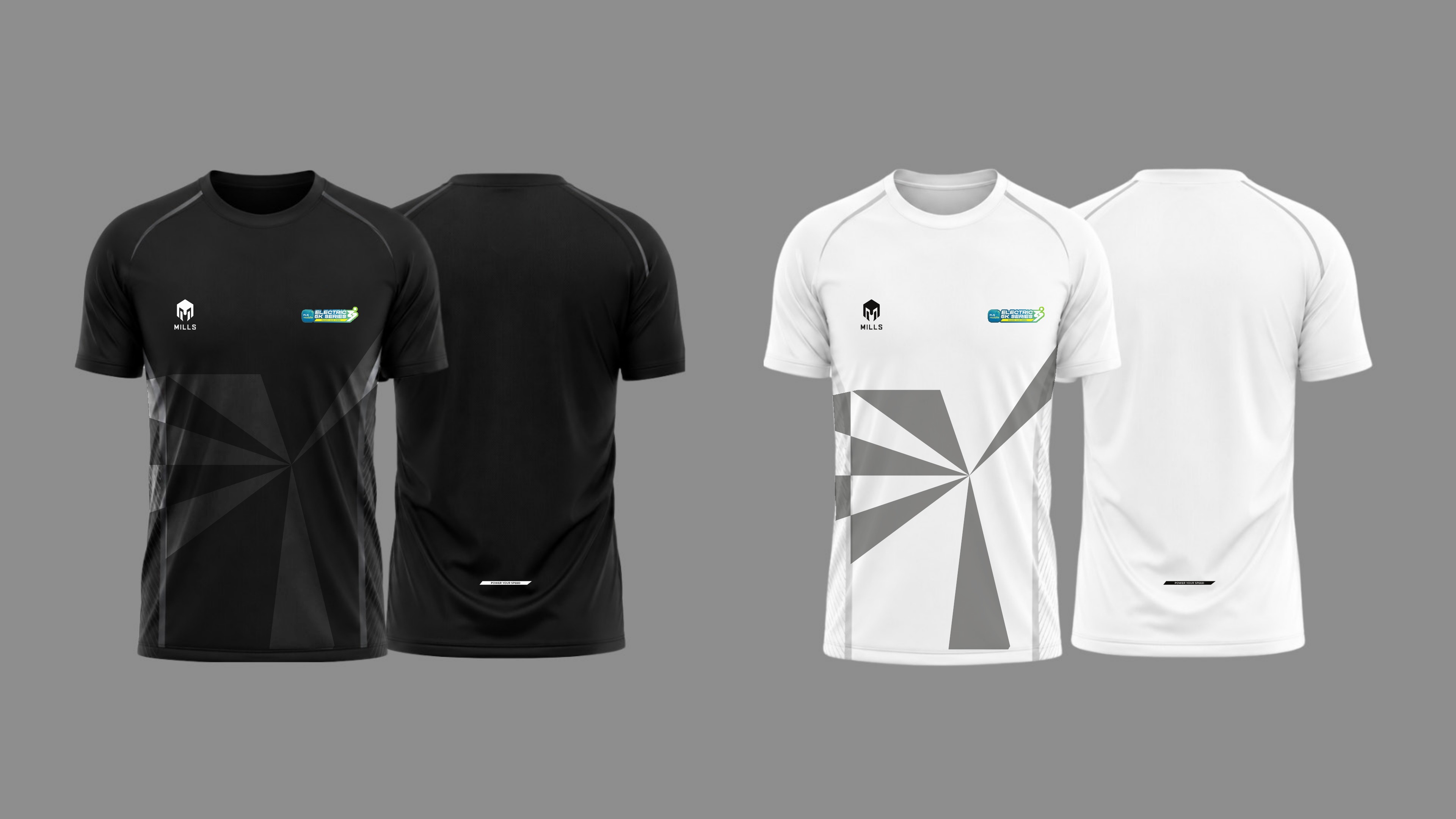 Render jersey opsi desain 1 — grafis shard besar di bagian depan, ditampilkan dalam varian hitam dan putih