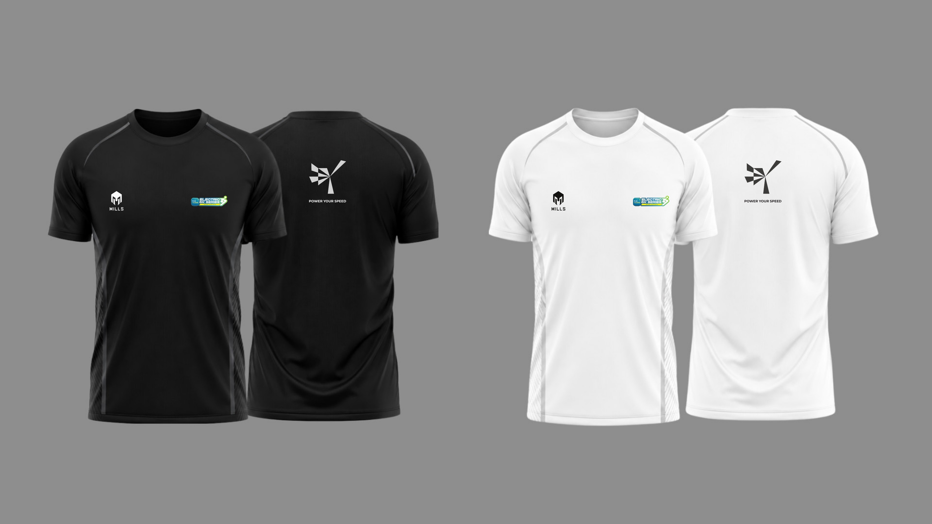 Render jersey opsi desain 2 — bagian depan lebih minimal, mark shard dan tulisan POWER YOUR SPEED di punggung, varian hitam dan putih